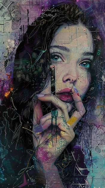 uma mulher com olhos azuis está posando com um cigarro na mão
