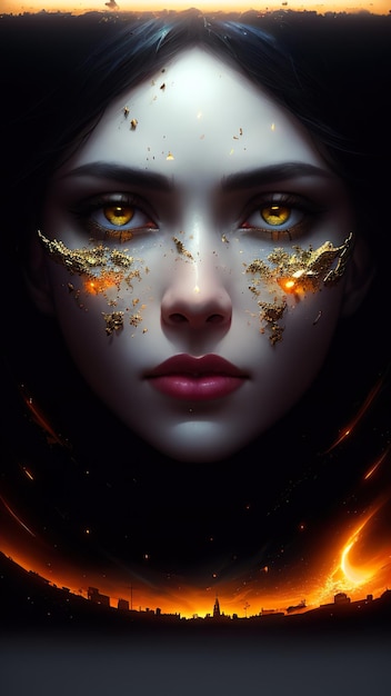 Uma mulher com olhos dourados e olhos dourados brilhantes