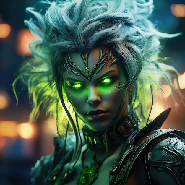 Uma mulher com olhos e cabelo verdes.