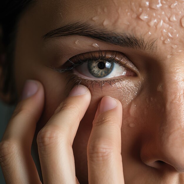 Foto uma mulher com olhos molhados tocando seu olho ai