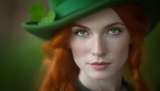 Uma mulher com olhos verdes e olhos verdes usando um chapéu de duende