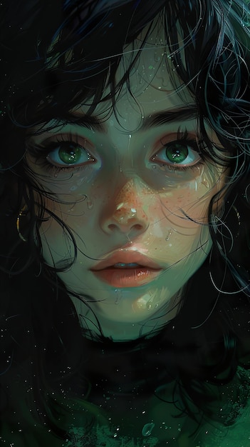 uma mulher com olhos verdes e um fundo verde com um rosto verde