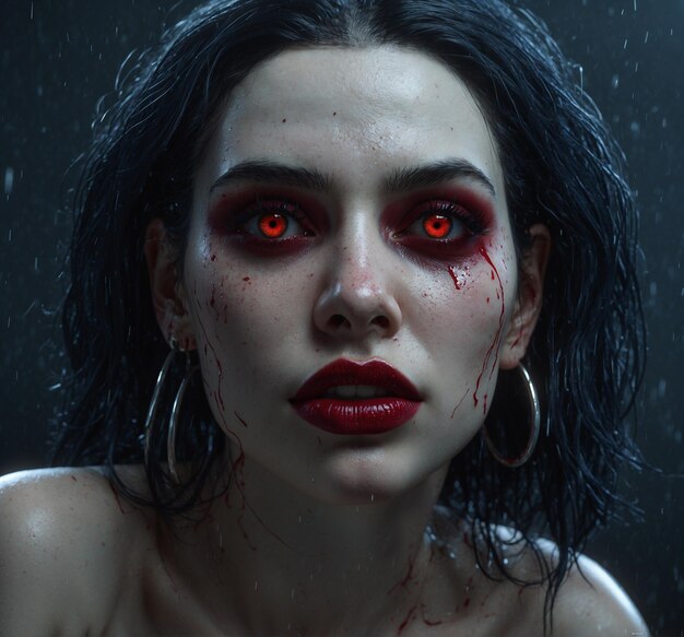 Foto uma mulher com olhos vermelhos e um fundo preto com sangue no rosto