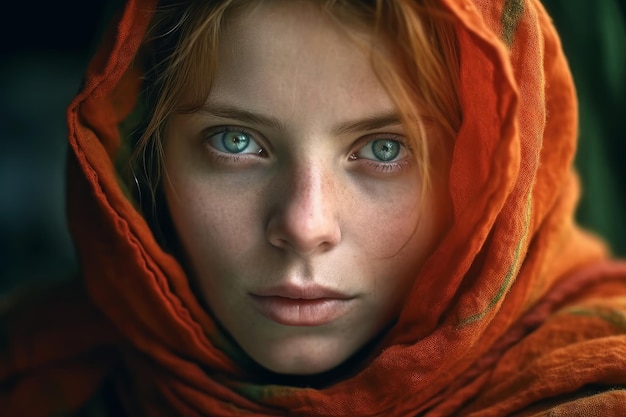 Uma mulher com olhos vermelhos e um lenço