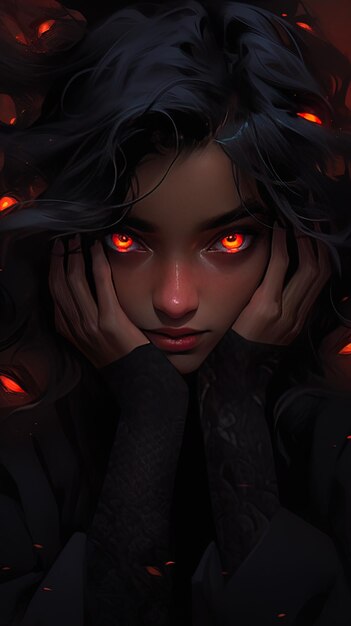 uma mulher com olhos vermelhos e uma camisa preta com os olhos iluminados