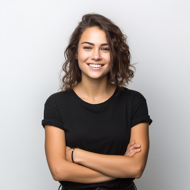 Uma mulher com os braços cruzados e sorrindo.