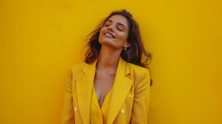 Foto uma mulher com os braços cruzados e uma jaqueta amarela