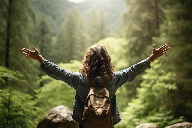 uma mulher com os braços estendidos com os braço estendidos numa floresta