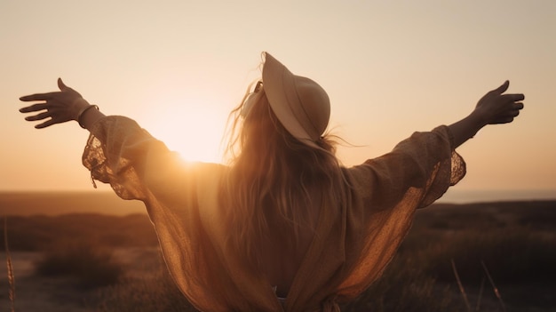 Uma mulher com os braços estendidos em um campo com o sol se pondo atrás dela