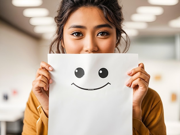 Foto uma mulher com os olhos abertos segurando um papel com um sorriso desenhado simbolizando felicidade