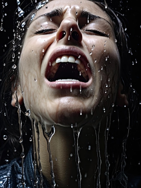 Foto uma mulher com os olhos fechados e a boca aberta e água pingando de seu rosto