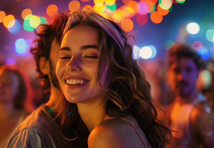 Foto uma mulher com os olhos fechados e a palavra "quote" na parte de trás da camisa