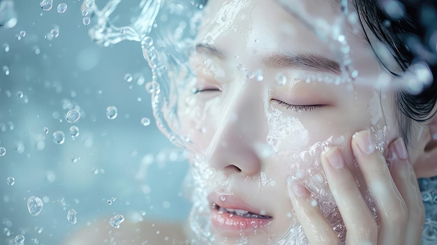 Foto uma mulher com os olhos fechados e as bolhas de água a espirrar