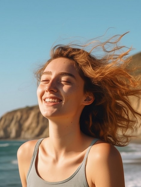 Uma mulher com os olhos fechados e o sol a brilhar.