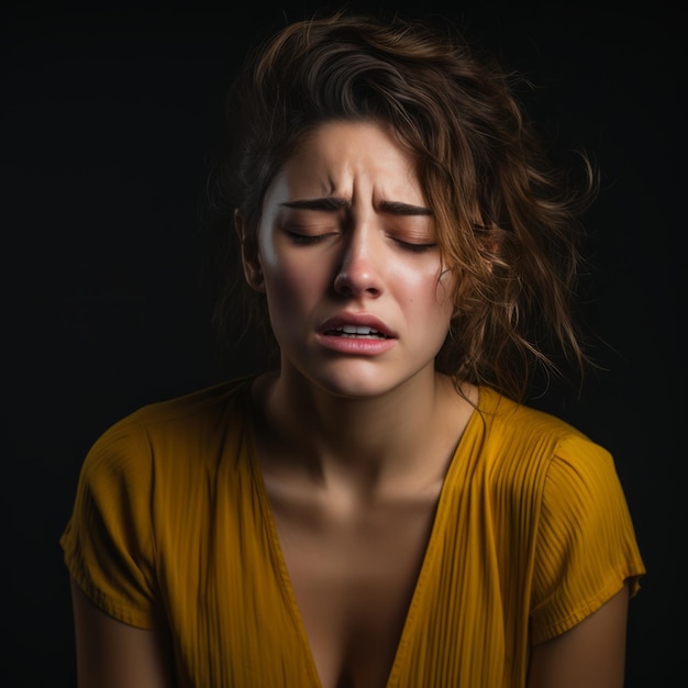 Foto uma mulher com os olhos fechados e um olhar triste no rosto