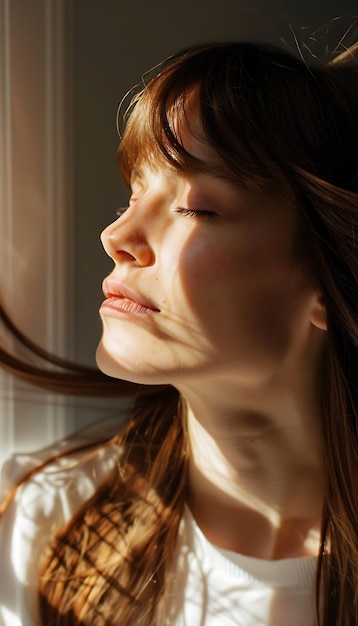 Uma mulher com os olhos fechados e uma luz a brilhar no rosto.