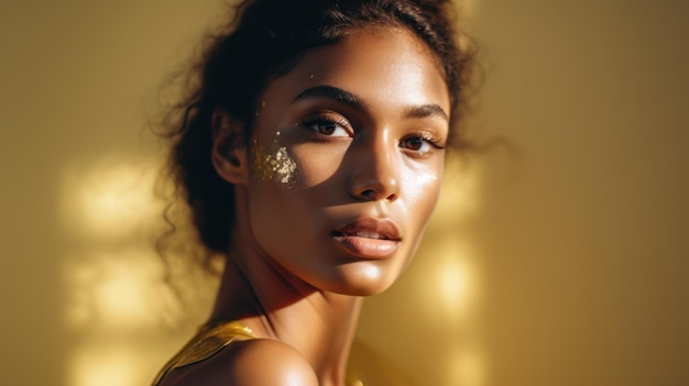 Foto uma mulher com pele dourada e purpurina dourada no rosto