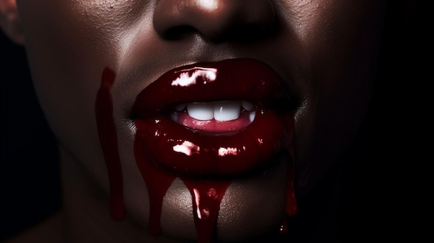 Uma mulher com pele escura e batom vermelho nos lábios