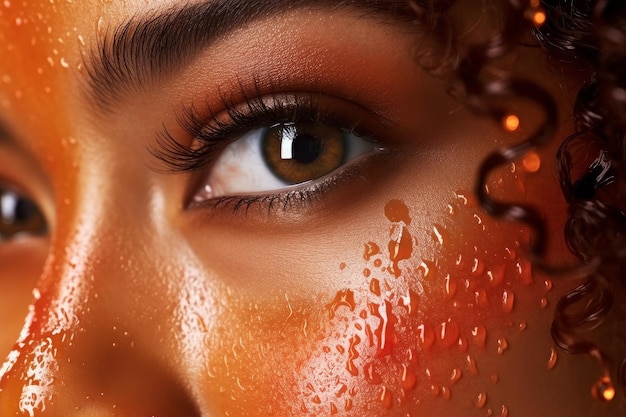 Uma mulher com pele laranja e um pouco de água no rosto