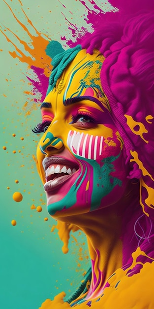 Uma mulher com pintura facial colorida e a palavra nela