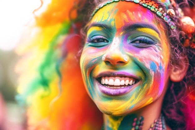Uma mulher com pintura facial de cores vivas sorri para a câmera.