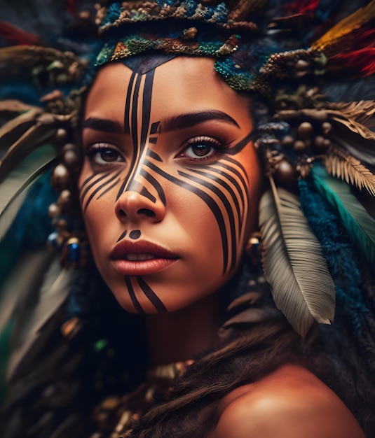 Uma mulher com pintura facial e penas que diz "nativo americano" na frente.
