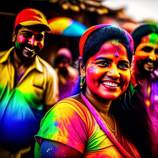 Uma mulher com pó colorido no rosto está sorrindo e o homem está usando um chapéu Happy Holi