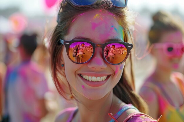 Uma mulher com pó holi colorido no rosto e usando óculos de sol