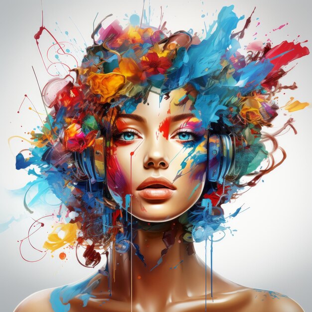 uma mulher com respingos de tinta colorida na cabeça