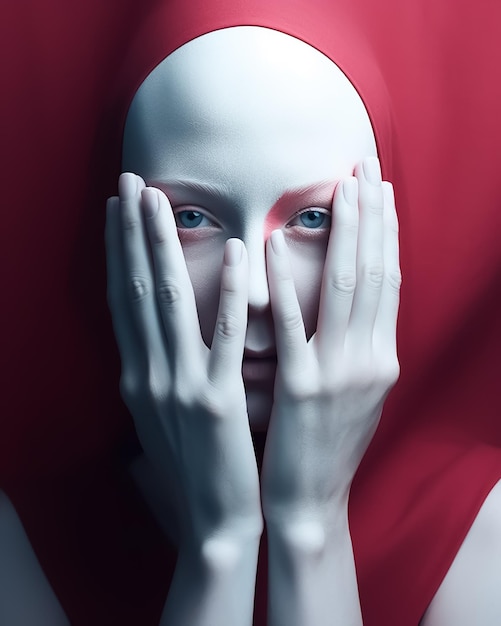 Uma mulher com rosto branco e pele vermelha cobre o rosto