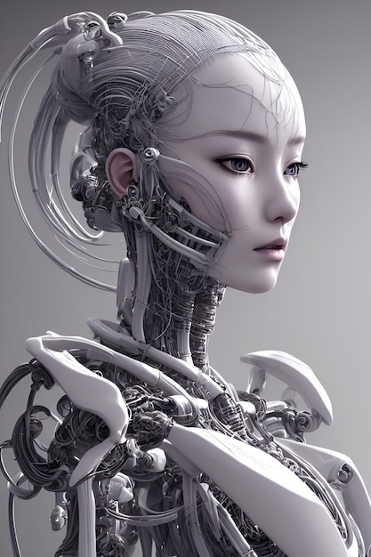 Uma mulher com rosto e olhos de robô.