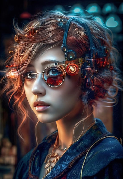Uma mulher com rosto estilo steampunk e óculos