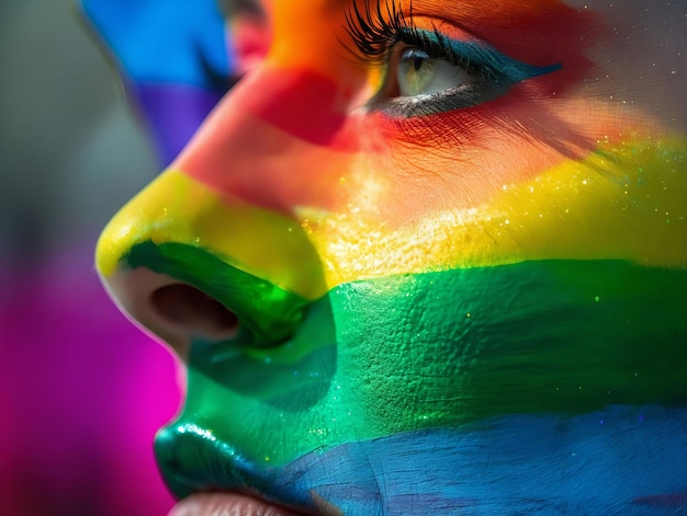 Uma mulher com rosto pintado de arco-íris LGBT Pride