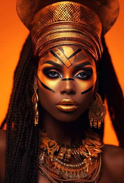 Uma mulher com rosto pintado de dourado e pele negra