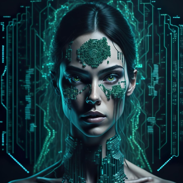 Uma mulher com rosto verde e rosto futurista.