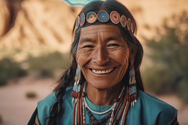 Uma mulher com roupa azul sorri para a câmera.