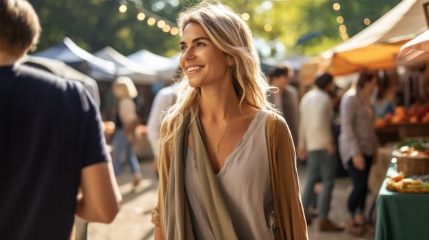 Uma mulher com roupas casuais confortáveis desfruta de um passeio tranquilo por um mercado de agricultores. Seu comportamento descontraído destaca seu estilo de vida descontraído