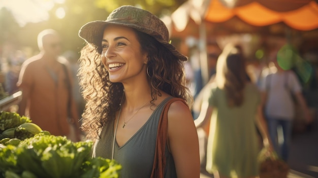 Uma mulher com roupas casuais confortáveis desfruta de um passeio tranquilo por um mercado de agricultores. Seu comportamento descontraído destaca seu estilo de vida descontraído