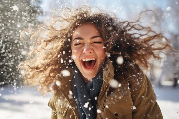 Foto uma mulher com roupas de inverno brinca na neve na frente de casa