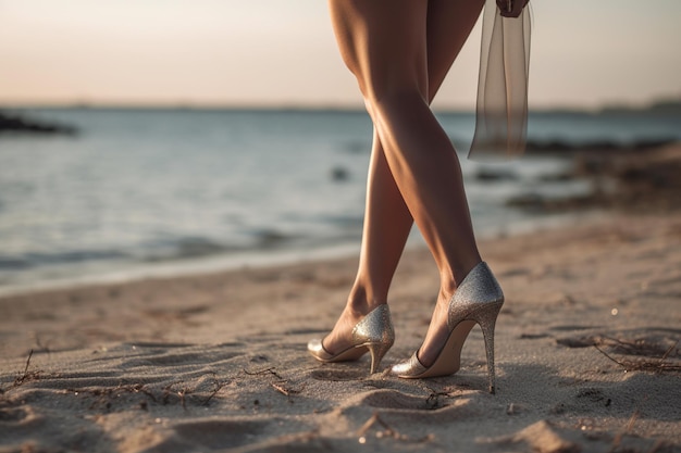 Uma mulher com sapatos prateados fica na praia