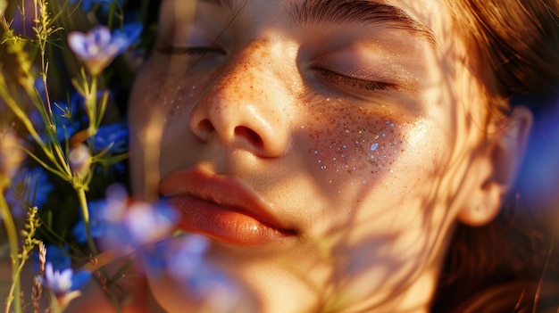 Foto uma mulher com sardas e flores azuis no cabelo.