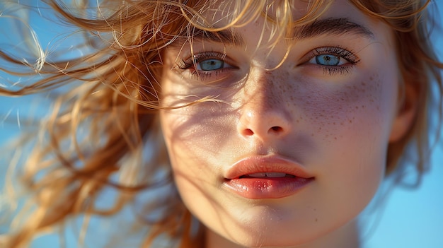 uma mulher com sardas e sardas está posando na frente de um céu azul