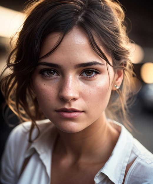 Uma mulher com sardas e uma camisa branca