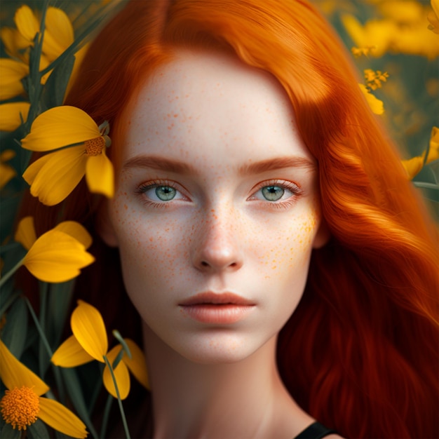 Uma mulher com sardas e uma flor amarela no cabelo