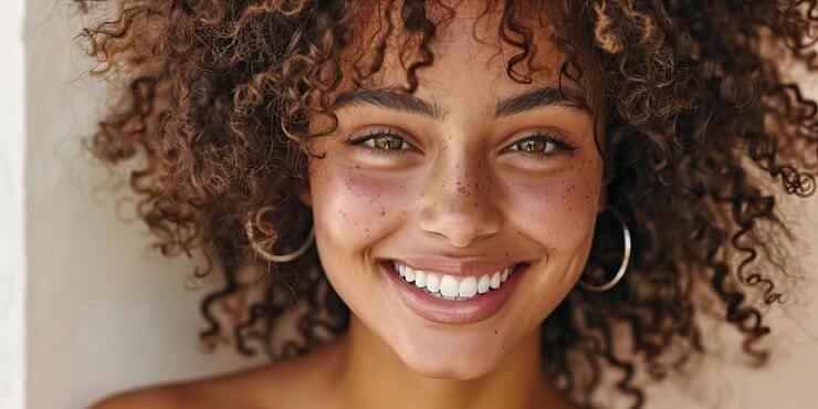 Foto uma mulher com sardas no rosto.