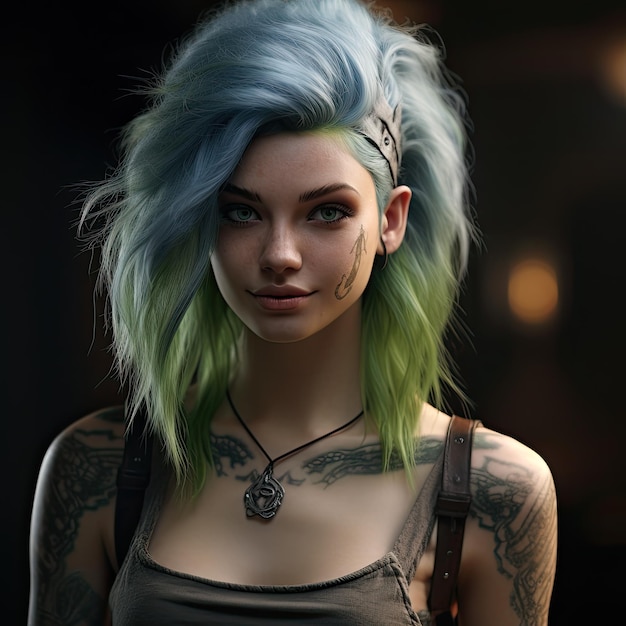 uma mulher com tatuagens e cabelo azul