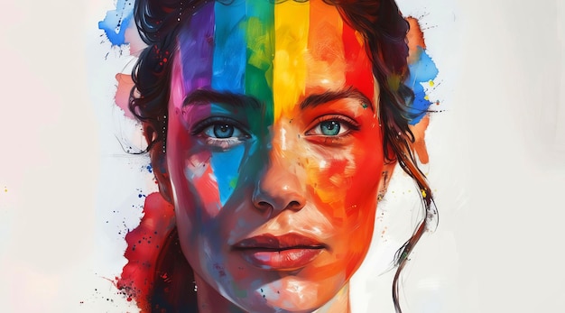 Uma mulher com tinta arco-íris no rosto LGBT Pride