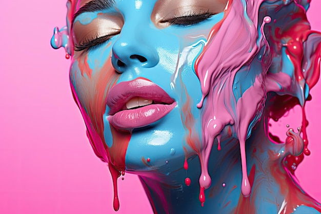 uma mulher com tinta azul e rosa no rosto