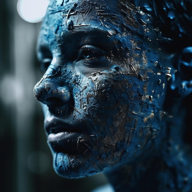 Uma mulher com tinta azul no rosto está coberta de sujeira.