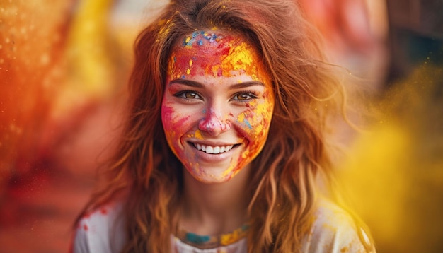 uma mulher com tinta colorida no rosto